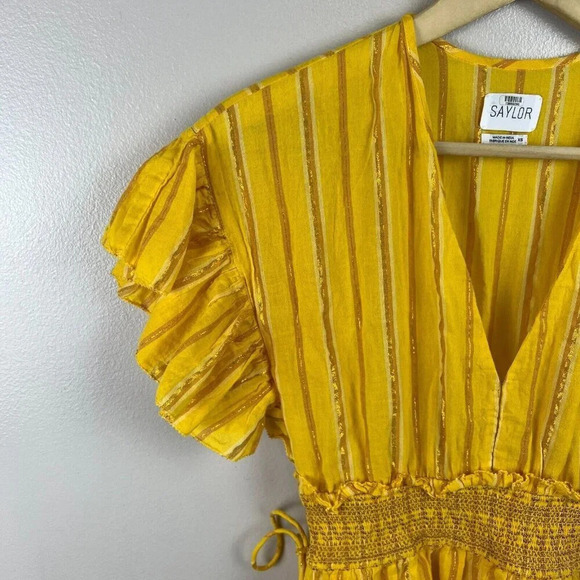 Saylor Adrianne Ruffle-Sleeve Mini Dress Size XS Yellow Stripes Smocked - Picture 5 of 10